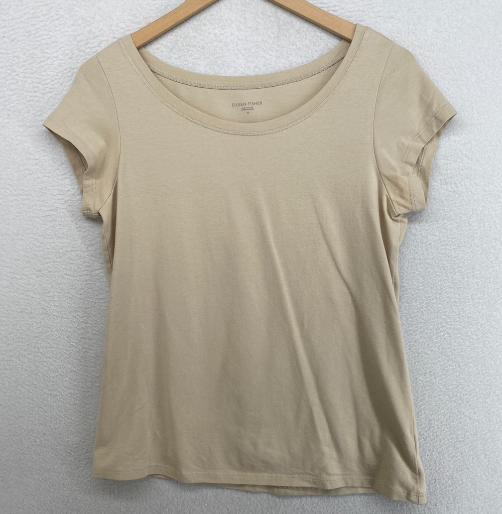 EILEEN FISHER Top M Stretch Organic Cotton Jersey Scoop Neck Cap Sleeve Beige